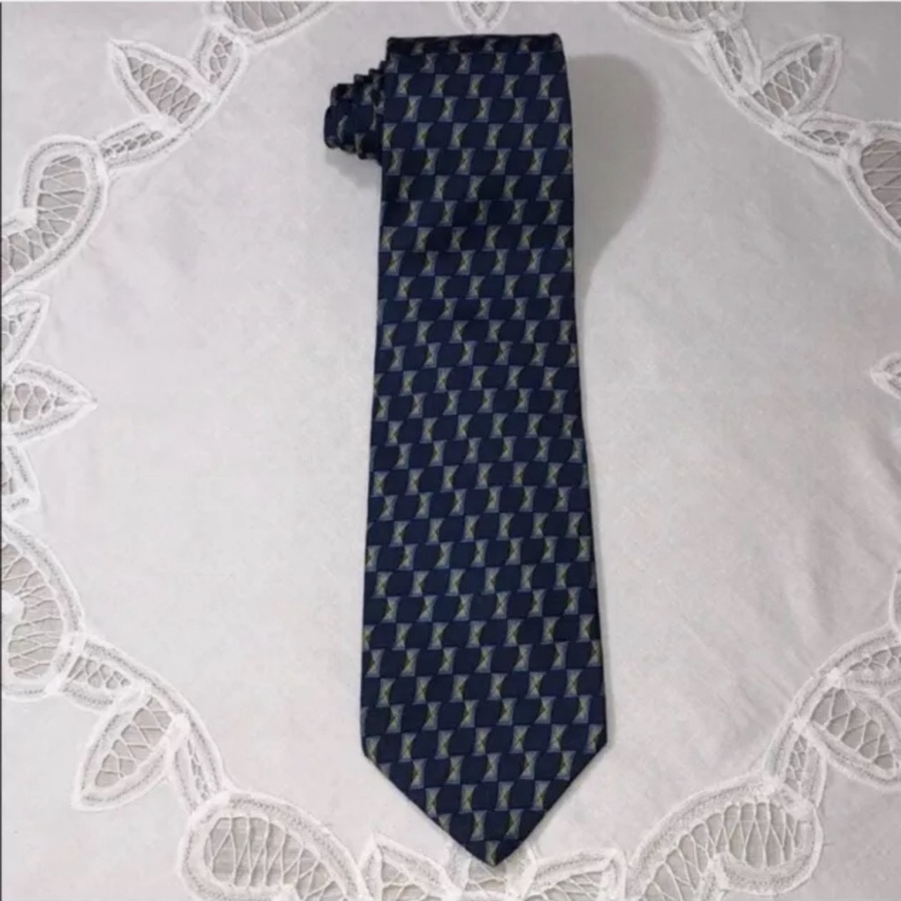 ALFANI 100% Silk Tie Blue Green Geometric Pattern 58” x 4” Office Professional